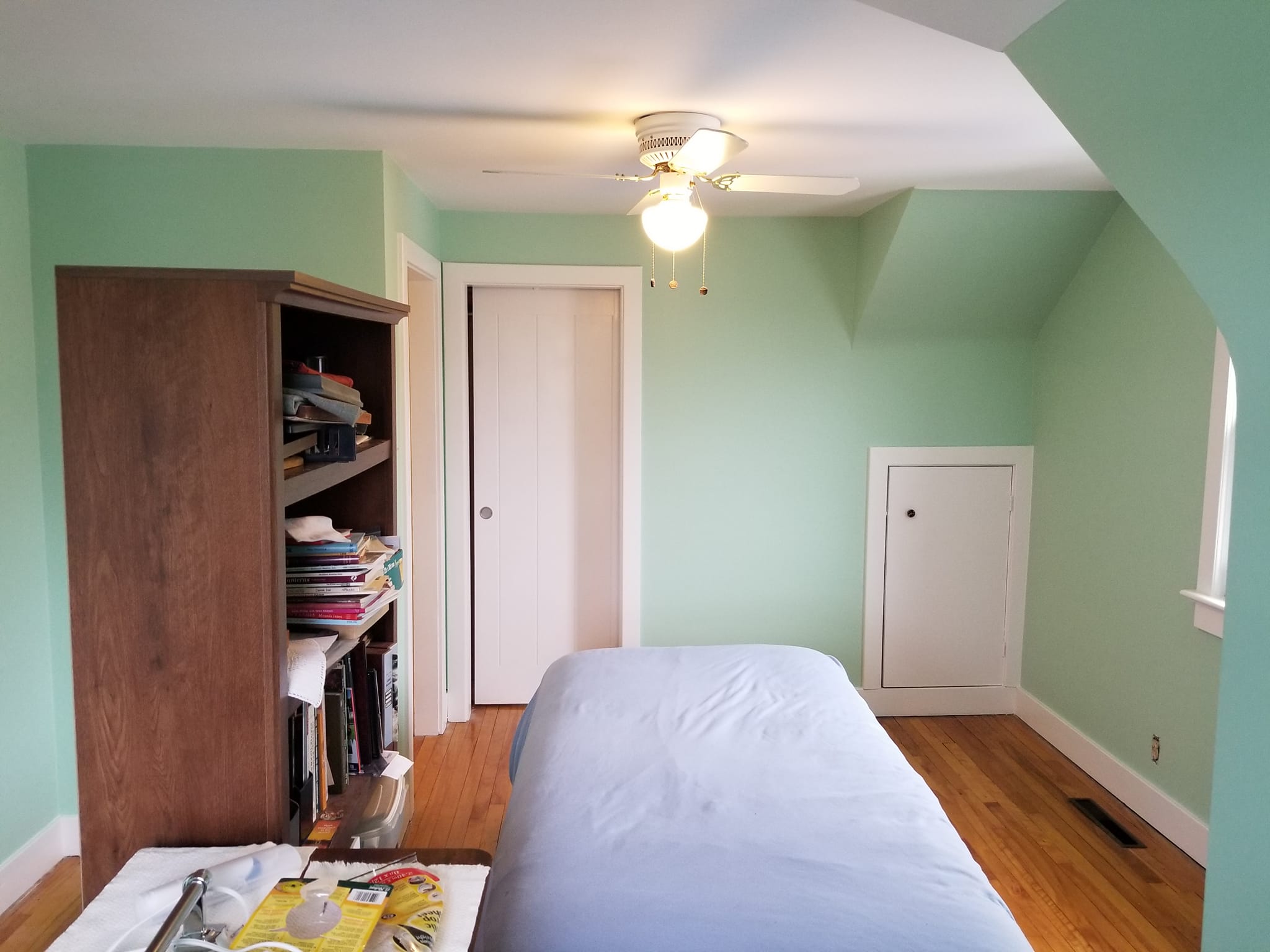 Sage green bedroom from alternate angle showing ceiling fan